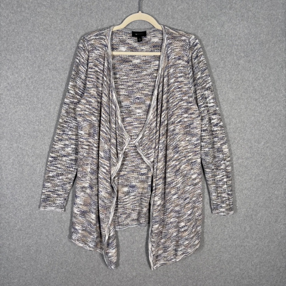 AB Studio Cardigan Sweater Large Blue Tan Wrap Drape Waffle‎ Lounge Comfy Cozy